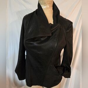 Drape Neck Faux Suede Moto Jacket Black Small